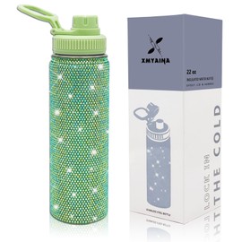 22oz Stainless Steel Bling Crystal Water Bottle Rhinestone Vacuum Insulated Bottle with Spout Lid Reusable Double-Wall Glitter Sport Bottle Gift for Women Girl (Green)