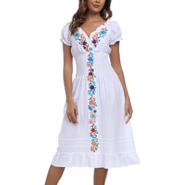 YZXDORWJ Women's Mexican Dress Linen Dresses Embroidered Casual Summer Ruffle V Neck Bohemian Beach Dress (XXL, 34W2)