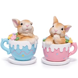 Hodao Easter Bunny Cupcake Figurines – Set of 2 Resin Bunny Easter Decorations with Carrots and Eggs – Cute Spring Tabletop Decor for Easter Celebration, Home, Office, Gifts (Set of 2 Cup Brown)