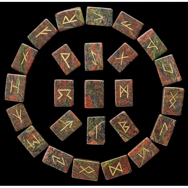 Cartbug Unakite Brick Shape Rune Stones Set with Older Futhark Alphabet Engraved Symbol Pagan Stone Runika Symbol for Crystal Healing Chakra Balancing Spiritual Gift & Home Decoration