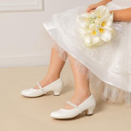 DREAM PAIRS Girls Party Shoes Low Heels for Little Big Girl Mary Jane Shoes with Pearl Rhinestones Flower Girl Pumps Princess Wedding,Size 12 Little Kid,White-Pat,SDFL2403K