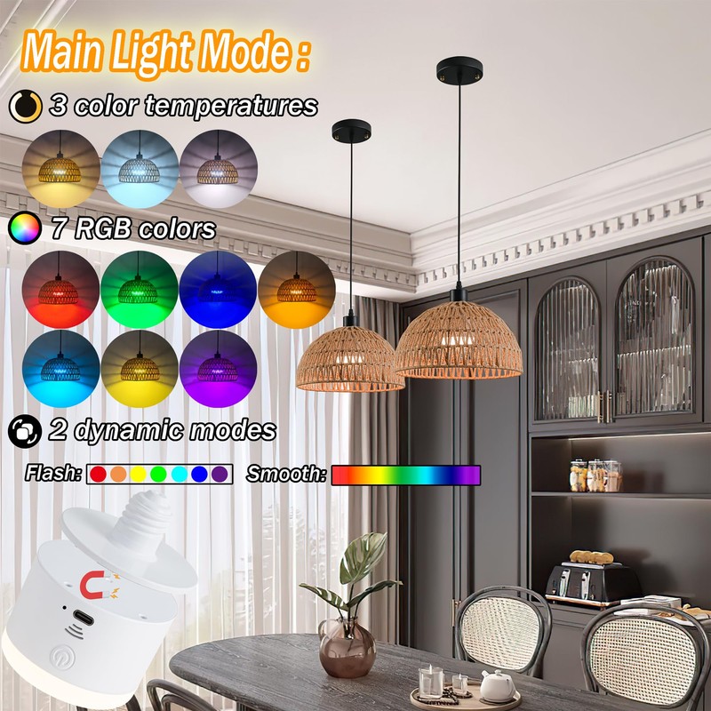 Battery Operated Pendant Light with Remote,Battery Ceiling Lights No Wiring,Battery