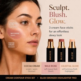 Set de barras de contorno en crema – Trío de colorete, bronceador e iluminador | Maquillaje hidratante, acumulable y de alto pigmento con manteca de k