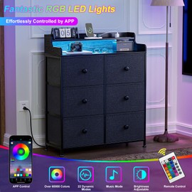 REAHOME Dresser for Bedroom with Charging Station and LED Lights, 6 Drawers Dresser TV Stand with Wooden Top, Tall Fabric Chest of Drawer with Sturdy Frame for Closet, Living Room, Hallway, Black Gray