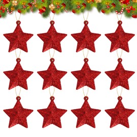 Gukasxi 12Pcs Glitter Stars Hanging Ornaments Christmas Tree Decorations 5cm Pentagram Hanging Ornaments 3D Glitter Star Pendants for Xmas Tree Ornament Gift Wrapping Decor (Red)