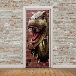 Modern Art Dinosaur Door Mural Sticker, Peel and Stick Vinyl Refrigerator Cover/Wrap Sticker, Removable Wallpaper for Home Decor, 30.3x78.7inch/77x200cm, T393-77