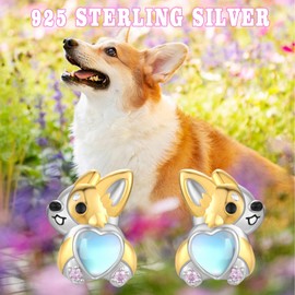Corgi Earrings for Women 925 Sterling Silver Dog Stud Earrings Moonstone Earrings Hypoallergenic Cute Animal Jewelry Gifts for Women, Sterling Silver, Moonstone