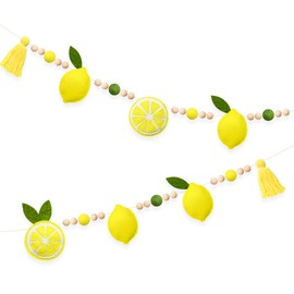 Lemon Decorations Pre-Strung Handmade Felt Yellow Sage Green Wool Felt Ball Wooden Beads Tassel Garland Banner for Lemon Themed Wedding Birthday Baby Shower Bridal Shower Lemonade Mantle Home Decor