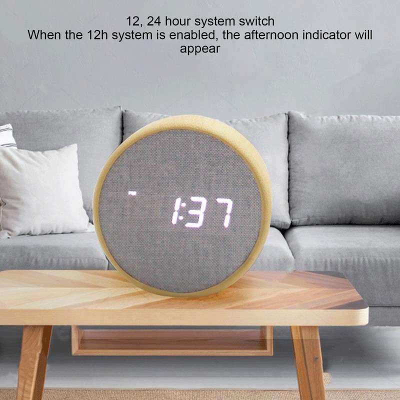 Digital Alarm Clock Round LED Voice Control Brightness Adjustable 12h