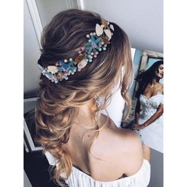 IYOU Starfish Bridal Hair Vine Blue Seashell Wedding Headband Pearl Bride Bridesmaid Hair Accessories for Women