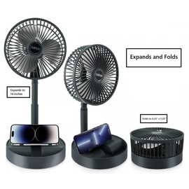 Dependable Industries inc. Essentials Telescopic Folding USB Desk Fan – Adjustable Height 11.5" to 14", Quiet Motor, Compact Table Fan with Phone Stand, USB-Powered for Home, Office, Travel (Black)