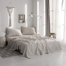 Simple&Opulence Belgian Linen Sheet Set Solid Color - 4 Pieces (1 Flat Sheet & 1 Fitted Sheet & 2 Pillowcases) Natural Flax Cotton Blend Soft Bedding Breathable Farmhouse - Linen, King Size