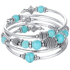 BULINLIN Turquoise Beaded Chakra Bangle Bracelet, Silver Layered Jewellery Wrap Bracelet with Natural Stone Birthday Gift for Women(Turquoise)