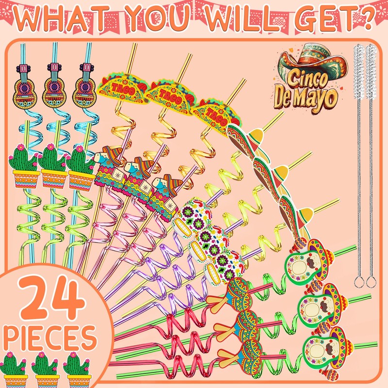 24 Reusable Silly Crazy Straws for Mexican Cinco De Mayo