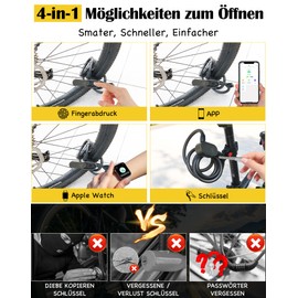 Eseesmart Fingerprint Bicycle Lock with Key, 150 cm / 12 mm Bluetooth Bicycle Lock High Security Anti Theft Waterproof Bicycle Lock with Holder for E-Bike Scooter Bicycle Lock