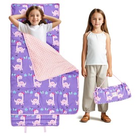 KingCheer Toddler Nap Mat with Pillow and Blanket,Extra Large Napping Mats,Slumber Bags for Boys and Girls Sleeping Bag for Preschool Daycare Camping Traveling(Purple Dinosaur)