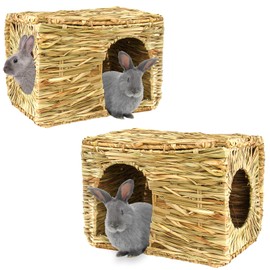 HERCOCCI Extra Large Grass House for Rabbit, Foldable & Comfortable - Small Animal Hut Play Hideaway Bed Hay Mat Chew Toy for Bunny Guinea Pig Hamster Chinchilla (2 Pack)