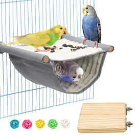 Bird Hammock Bunk Bed, Bird Nest Caves, Sleeping Areas, Bird Cage Accessories, Bird Toy Including Bird Seat Board and 5 Rattan Balls for Budgies, Cockatiels, Finches, Hamsters, Gerbil (Grey)