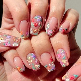 Press On Nails Coffin Fake Nails Colorful Flowers Stick On Nails Nude Glue On Nails Glossy Shiny Artificial Nails Full Cover Acrylic Nail Kit For Women Girl 24pcs