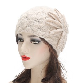 ZLYC Women Winter Knit Beanie Hat Soft Crochet Skullies Beanies with Flower Accent (Solid Beige)