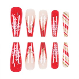 CECOBAG 24 Pcs Red Rectangular Press-On Nails with Snowflake Deer Pattern Acrylic Nails, Women's and Girls Glued Nails Suitable for Winter Christmas