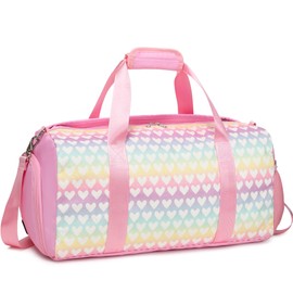Dance Bag Girls Duffle Bag Gymnastics Bag for Girls Overnight Bag Sleepover Bag with Shoe Compartment and Wet Pocket, Pink Heart