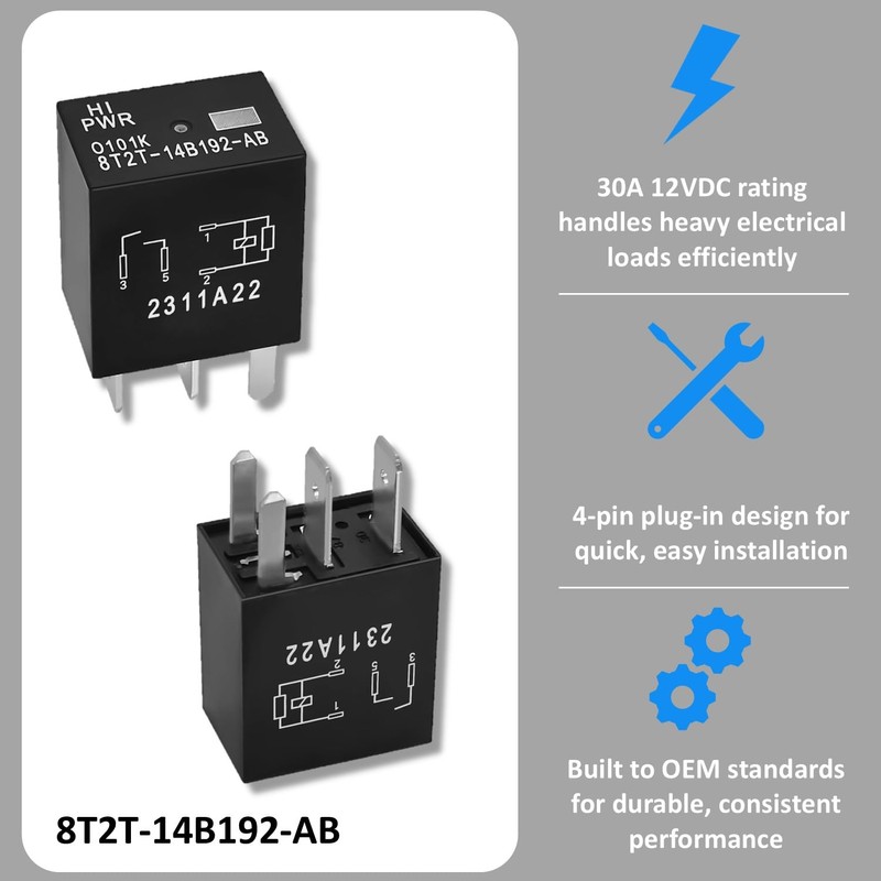 4-Pack Automotive Relay 8T2T-14B192-AB 12VDC 4-Pin Plug-in Replacement Compatible with