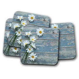 4 Set - Pretty Daisies Coaster - Daisy Flowers Wood Decking Garden #14858