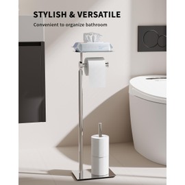 WZKALY Toilet Paper Holder Stand, Free Standing Toilet Paper Holder with Shelf for Bathroom, Stainless Steel Toilet Paper Holder with Storage, Reserve for 3 Rolls, Weighted Base(Chrome)