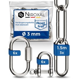 NietFullThings extension chain made of stainless steel, breaking load maximum 900 kg, with screw connector and shackle made of V4A fixing set, suspension of punching bag, hammock chair.