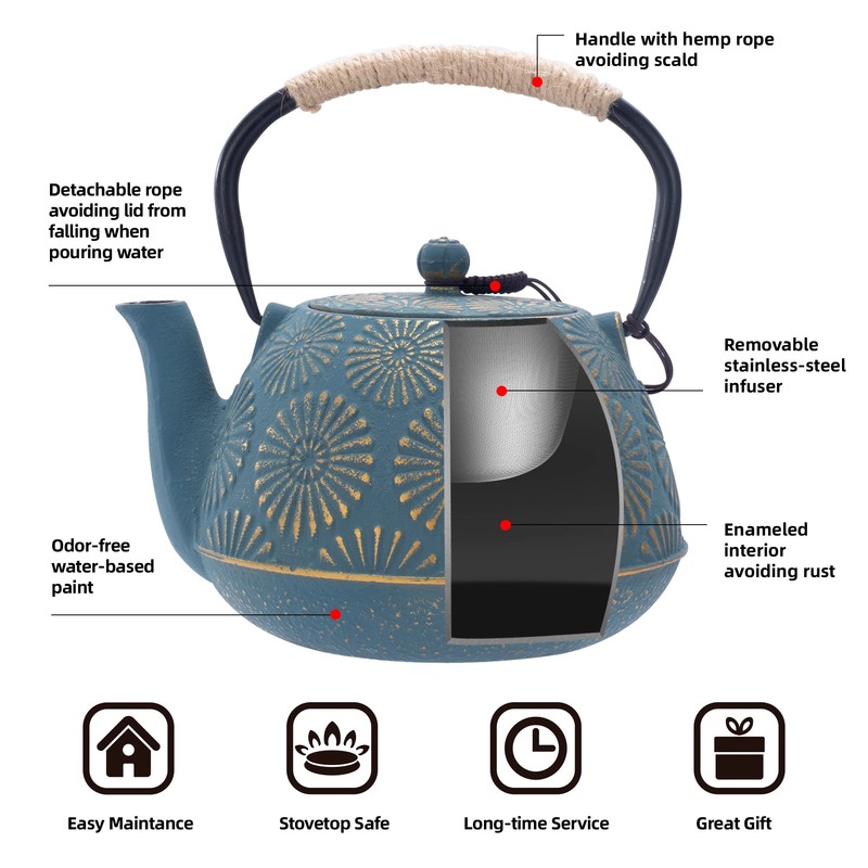 MILVBUSISS Cast Iron Teapot, 40oz Tea Kettle with Infuser for