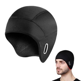 Kgtee Winter Helmet Liner Skull Cap, Fleece Lined Warm Cycling Cap with Glasses Holes, Thermal Hat Black