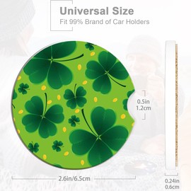 Green Lucky Clover Car Cup Holder Coaster,St. Patrick Day Car Coasters for Cup Holder,2 PCS Absorbent Insert Ceramic Car Assecories with Cork Back & Finger Notch for Women Men