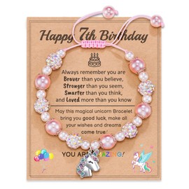 Unicorn Pink Bracelet, Happy 7th Birthday Gifts for 7 Year Olds Girls with Card, Glitter Girls Bracelets 7 Year Old Girl Gifts Birthday Presents Age 7 Daughter Sister Friends Granddaughter Niece