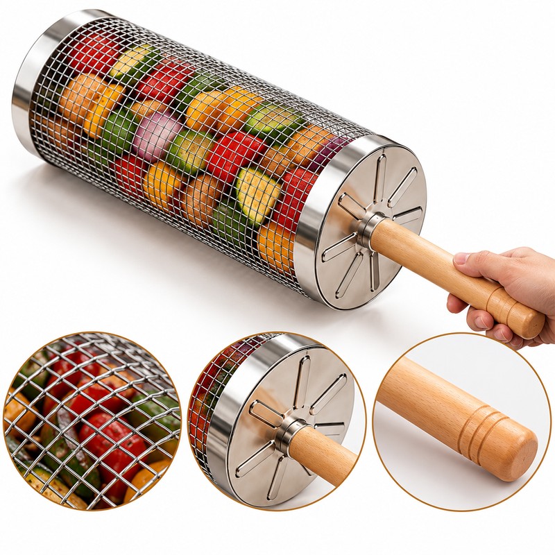 4-Pack Stainless Steel Rolling Grill Baskets for BBQ – Wooden