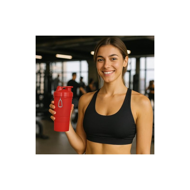 Cilindro Shaker para proteina 450ml. Botella con compartimentos y mezclador.