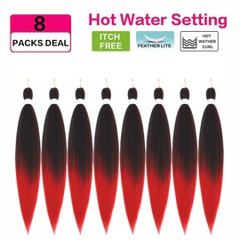 Pre Stretched Braiding Hair 26 Inch Ombre Red Braiding Hair 8 Packs Long Hair Extensions for Braiding Twist Braids Hot Water Setting Yaki Straight Synthetic Braiding Hair Extensions for for Women