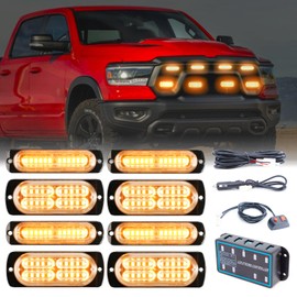 PKINGLAKE 8pcs Sync Feature Emergency Strobe Grille Lights LED Ultra Slim Surface Mount Flashing Hazard Warning Light Bar with Controller for Firefighter/Construction/Trucks/Vehicles/Car (Amber)