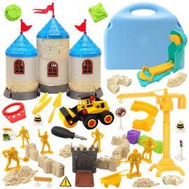 CORPER TOYS Sand Castle Building Kit with Carrying Case, DIY Take Apart Truck, Castle Molds, Crane, Tools, Road Signs, Mini Figures Construction Sensory Sand Bulk Toys for Kids 3+