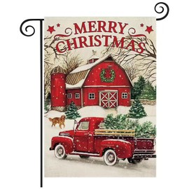 Christmas Garden Flag, 12x18" Winter Garden Flag, Merry Christmas Flag Double Sided, Red Truck Flag Welcome Graden Flag, Snowy Vertical Yard Flags Burlap House Flag for Holiday Farmhouse