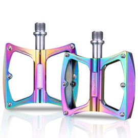 ROCKBROS Bicycle Pedals, Flat Pedals, Aluminum Pedals, Lightweight, Iridescent Color, Road Bike, MTB, Cross Bike, 9/16 Inches, Aurora, Stylish, Anodized, Anti-Slip, High Strength, Slim Type