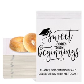 JarThenaAMCS 100Pcs Graduation Cookie Treat Bags White Self Adhesive Sweet Endings to New Beginnings Candy Gift Congrats Grad Buffet Bags for 2025 Class School Party Supplies, 5.1 x 7.1 Inch