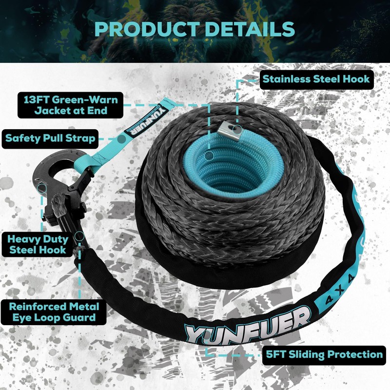 YUNFUER 3/8" x 92ft Synthetic Winch Rope Cable Kit, 26000LBS