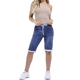 Candid Styles Womens Italian Shorts Plain & Floral Elastic Waist Turn Up Summer Beach Trouser Ladies Dark Denim 8-14