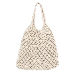 TENDYCOCO Shoulder Bag Mesh Beach Bag Woven Cotton Hollow for Women (White)
