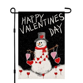 Happy Valentines Day Garden Flags for outside Decorations 12×18 Inch Burlap Vertical Double Sided, Snowman Love Heart Small Signs Seasonal Farmhouse Yard Flag DF419