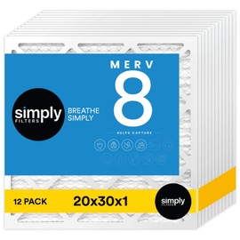 Simply 20x30x1 Air Filter, Merv 8, 12 Pack, For Home AC Furnace & HVAC (Actual Size: 19.75"x29.75"x0.75") DUST, Pet, & Allergy Control