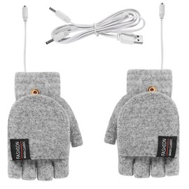 YJZQ Adult's USB Heated Gloves Mittens With Flap Winter Fingerless Hands Warmer Heating Gloves for Women Men Knitting Wool Half-finger Gloves Laptop Office Work Gloves, Grey