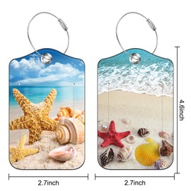 Starfish Seashells on Sand Beach Luggage Tag for Suitcase 2 Pack Leather Luggage Tag with Privacy Flap Name ID Label and Metal Loop for Women Men Travel