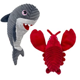 KONG Cuteseas Rufflez Plush Dog Toy Combo Pack – Soft & Textured Squeaky Toys for Dogs (Shark/Lobster)